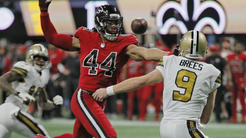 Falcons outside linebacker Vic Beasley pressures New Orleans Saints quarterback Drew Brees last Thursday night. Beasley will return to his normal full time role as an edge rusher.