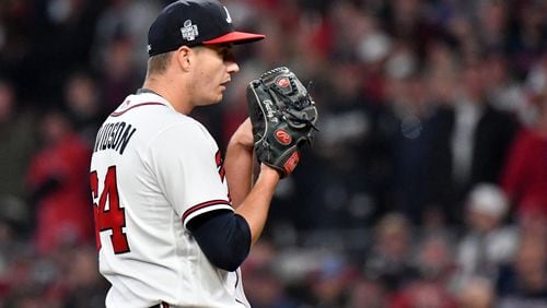 Atlanta Braves starting pitcher Tucker Davidson prepares to deliver to a Houston Astros batter during the first inning in Game 5 of the World Series at Truist Park, Sunday, Oct. 31, 2021, in Atlanta. (Hyosub Shin/The Atlanta Journal-Constitution/TNS)