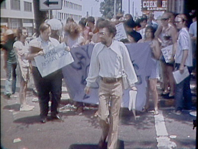 Gay Liberation Front leader Bill Smith leads a crowd of marchers in the very first Gay pride march June 27,1971. (Courtesy of WSB Newsfilm Collection, University of Georgia Libraries)


