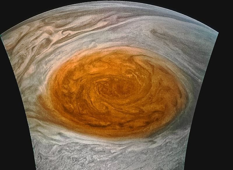 Enhanced-color image of Jupiter's Great Red Spot. The hourglass shape of the image reflects the way the camera operates as the Juno spacecraft spins in flight.