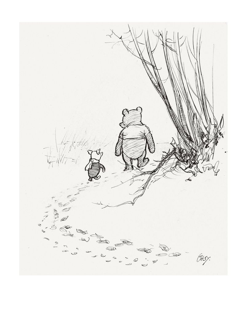 “Pooh and Piglet Go Hunting,” one of the many pen and ink sketches by E.H. Shepard featured in “Winnie-the-Pooh: Exploring a Classic” at the High Museum of Art. CONTRIBUTED BY THE COLLECTION OF CLIVE AND ALISON BEECHAM, COPYRIGHT THE SHEPARD TRUST