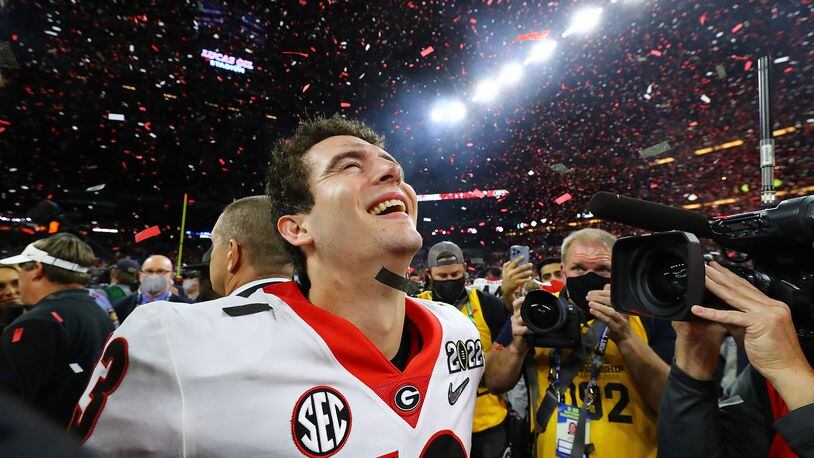 Georgia quarterback Stetson Bennett relishes the moment, becoming emotional after defeating Alabama to win the College Football Playoff Championship game on Jan. 10 in Indianapolis. (Curtis Compton / Curtis.Compton@ajc.com)