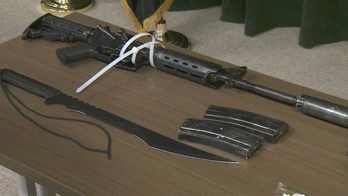 Weapons found on a Georgia man when he was arrested at a train station in California, officials said. (Credit: Channel 2 Action News)