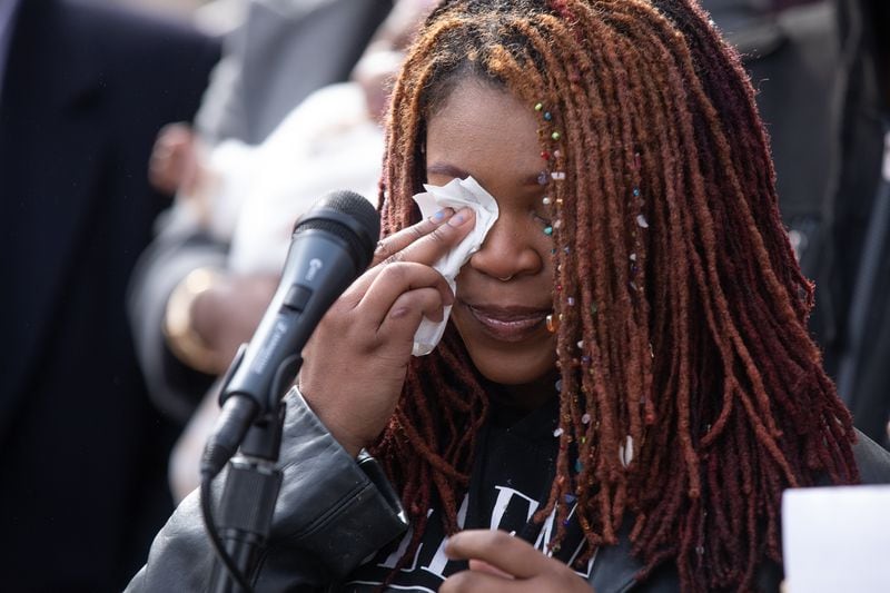 Terri Samuels-Gordon, whose apartment on Joseph E. Boone Boulevard was flooded on Sept. 14, gets emotional as she recalls the experience at a press conference outside of City Hall on Feb. 29, 2024.