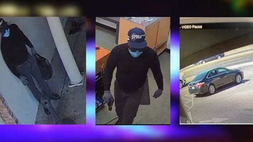 Gwinnett County police released photos of an armed robbery suspect and his black Toyota Camry after they say he stole cash, jewelry and guns from a Cash America pawn shop on Stone Mountain Highway.