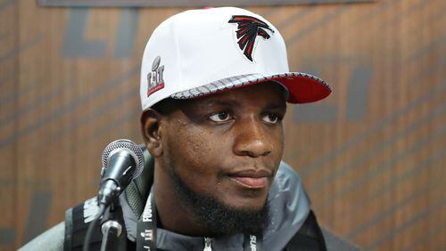 Falcons wide receiver Mohamed Sanu takes questions during Super Bowl Opening Night on Monday, Jan. 30, 2017, at Minute Maid Park in Houston.