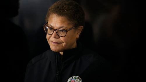 FILE - Los Angeles Mayor Karen Bass waits to speak during a news conference in Los Angeles, Jan. 24, 2023. Police in Los Angeles arrested a suspect following a break-in at Bass' home, early Sunday, April 21, 2024, officials said. (AP Photo/Marcio Jose Sanchez, File)