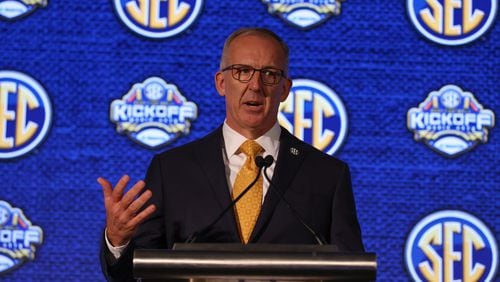 SEC Commissioner Greg Sankey speaks to the media during the 2021 SEC Football Kickoff Media Days on July 19,2021 at the Wynfrey Hotel in Hoover, Ala. (Jimmie Mitchell/SEC)