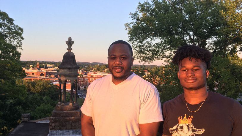 Georgia Tech freshman running back Jamious Griffin and his father Tyrone Griffin atop Myrtle Hill Cemetery in Rome on May 14, 2019. Griffin and his brothers ran up to the top of the cemetery as training for football. (AJC photo by Ken Sugiura)