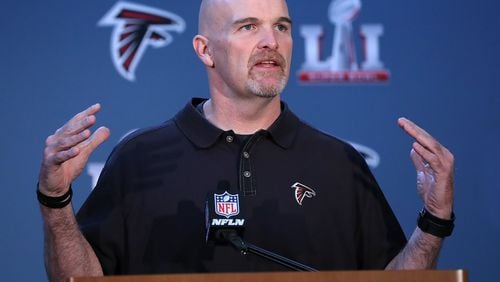 February 1, 2017, Houston: Falcons head coach Dan Quinn holds his press conference during Super Bowl media availability on Wednesday, Feb. 1, 2017, at the Memorial City Mall ice arena in Houston. Curtis Compton/ccompton@ajc.com