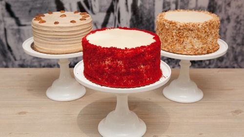 Annie Mae’s Pantry bakes tempting layer cakes, like this carrot, red velvet and lemon-coconut. CONTRIBUTED BY ANNIE MAE’S PANTRY