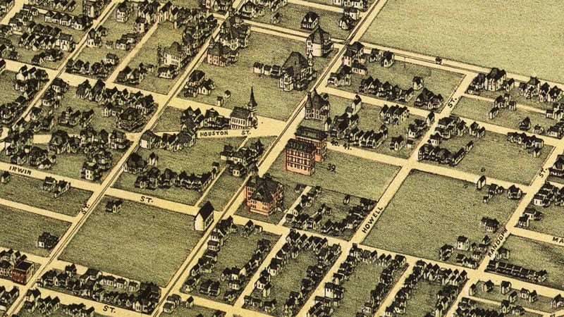 This is a detail from a "Bird's Eye View of Atlanta" map from 1892. The original location of Morris Brown College can be seen next to the number "39" -- the two buildings in red at the corner of Houston Street and Boulevard. (Library of Congress, Geography and Map Division)