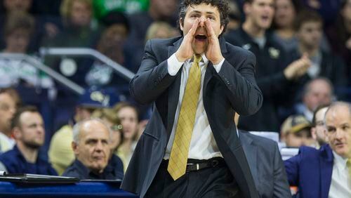 Georgia Tech head coach Josh Pastner yells to his players during the second half of an NCAA college basketball game against Notre Dame, Saturday, Dec. 30, 2017, in South Bend, Ind. (AP Photo/Robert Franklin)