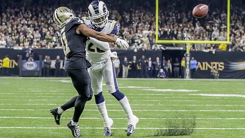 Los Angeles Rams cornerback Nickell Robey-Coleman delivers a hit to New Orleans Saints receiver Tommylee Lewis late in the fourth quarter, thwarting a potential game-winning drive during the NFC Championship game Sunday, Jan. 20, 2019, at the Superdome in New Orleans.