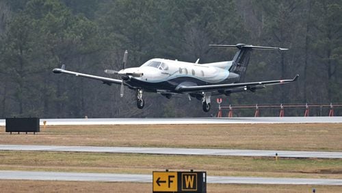 FILE: Pilatus PC-12 lands at The Gwinnett County Airport - Briscoe Field, Thursday, Jan. 19, 2023, in Lawrenceville. (Photo Courtesy of Hyosub Shin / Hyosub.Shin@ajc.com)