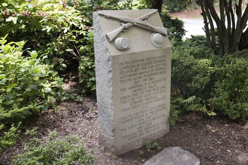This granite Confederate memorial commemorates the 1864 Battle of Peachtree Creek. It sits in a knoll in front of E. Rivers Elementary School in Atlanta’s Buckhead neighborhood.