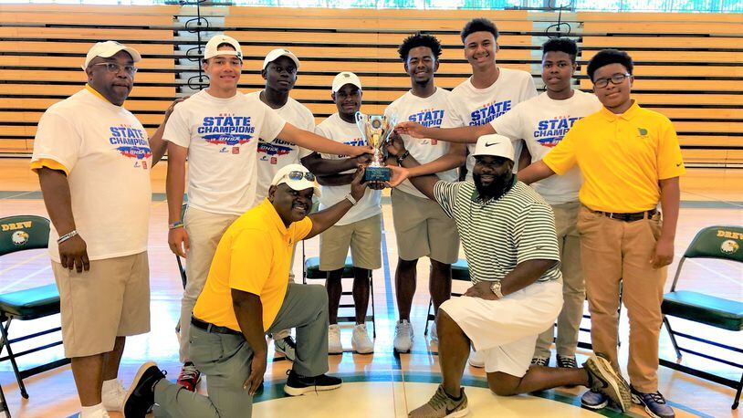 Introducing the state championship Drew Charter golf team. Kneeling: Assistant coach Jeff Dunovant and First Tee of Metro Atlanta director Nyre Williams. Standing behind them, from left to right: Head coach Joe Weems,  junior Anthony Ford, senior  Solomon Dobbs, senior Treveon McCurty, senior Christopher McCrary, junior Connor Mason, freshman Miles Richardson,  sophomore Jalon Cook. (Photo courtesy Drew Charter School)