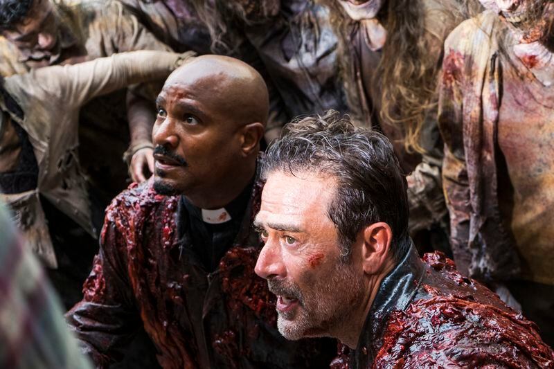  Seth Gilliam as Father Gabriel Stokes, Jeffrey Dean Morgan as Negan - The Walking Dead _ Season 8, Episode 5 - Photo Credit: Gene Page/AMC