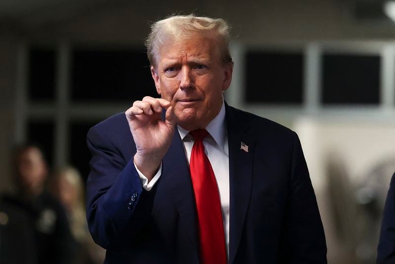 Former President Donald Trump speaks after leaving Manhattan criminal court, Tuesday, April 23, 2024, in New York. Trump is accused of falsifying internal business records as part of an alleged scheme to bury stories he thought might hurt his presidential campaign in 2016. (AP Photo/Yuki Iwamura, Pool)