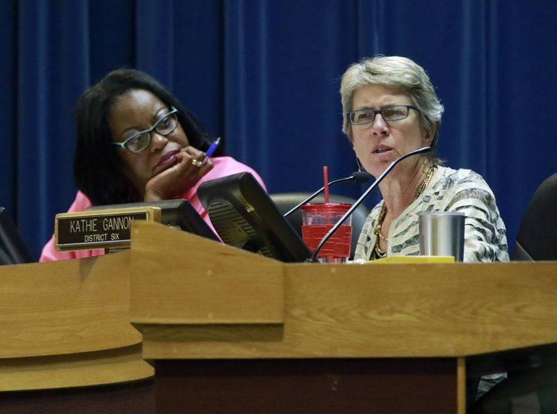 The DeKalb County Board of Commissioners members Mereda Davis Johnson and Kathie Gannon pictured during a 2016 meeting. BOB ANDRES / BANDRES@AJC.COM.