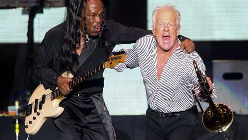 Verdine White (left) of Earth, Wind & Fire and James Pankow of Chicago perform on July 18, 2015, at the Heart and Soul Tour at the Forum in Inglewood, Calif. CONTRIBUTED BY RICH FURY/INVISION/AP