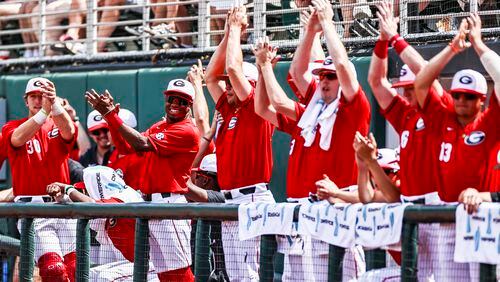 Georgia players were having a good time in the dugout this past Saturday as the Bulldogs celebrated Senior Day with a 13-2 win over Ole Miss. (Photo by Tony Walsh/UGA Athletics)