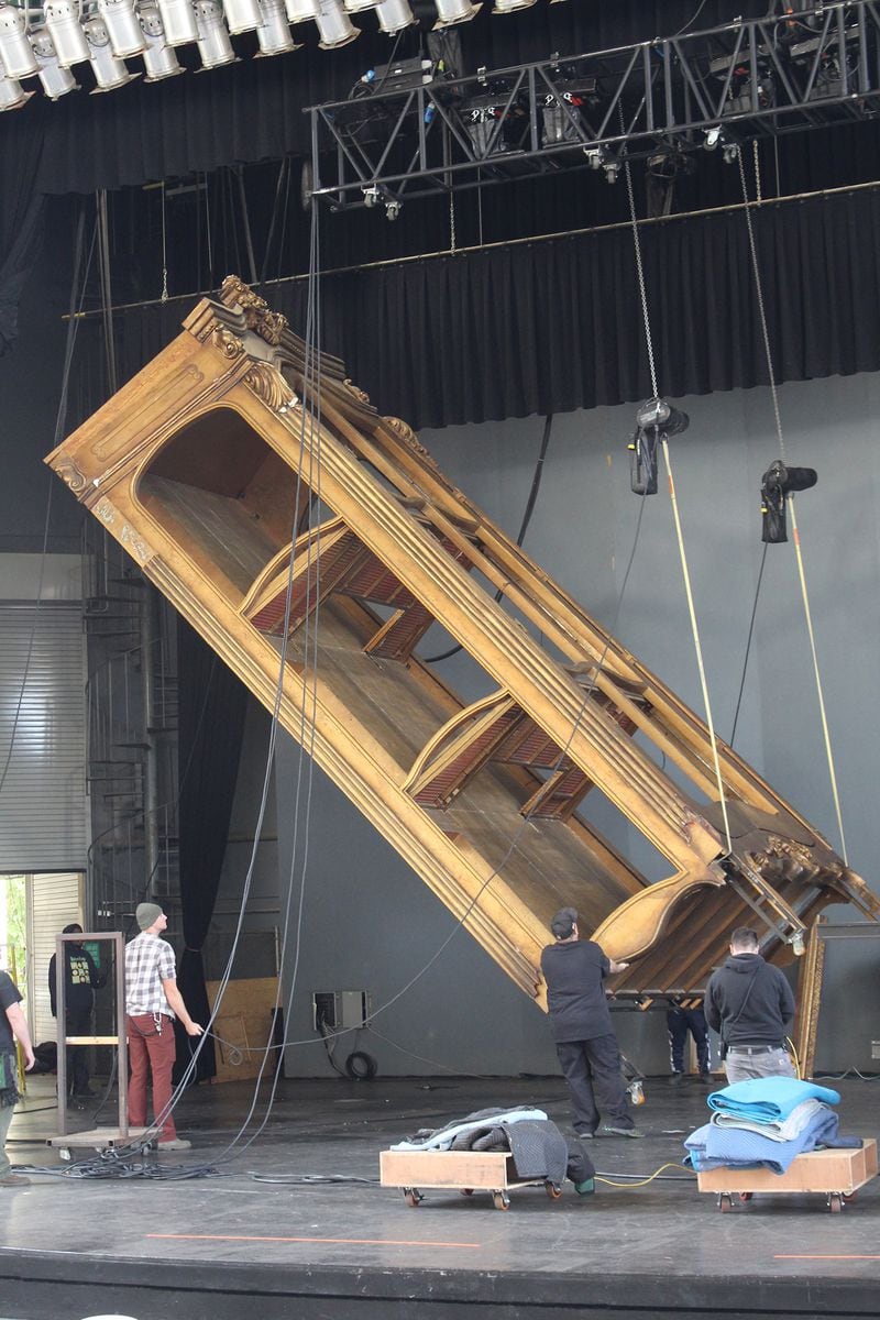 Production crew for Atlanta Ballet's "The Nutcracker" use motorized winches to set up the 31-foot-tall cabinet. 
Courtesy of Atlanta Ballet/ Dave Smith