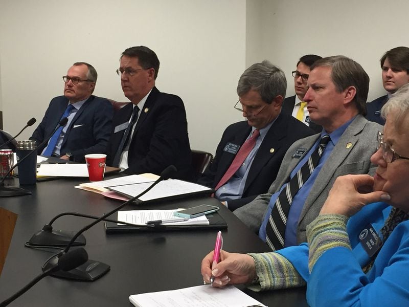 Lt. Gov. Casey Cagle leads the inaugural meeting of the Georgia Senate’s Health Care Reform Task Force on Friday, March 10, 2017, at the state Capitol in downtown Atlanta. From left to right are Cagle, Republican Sens. Dean Burke, Ben Watson and Chuck Hufstetler, and Democratic Sen. Nan Orrock. (ARIEL HART / ahart@ajc.com)