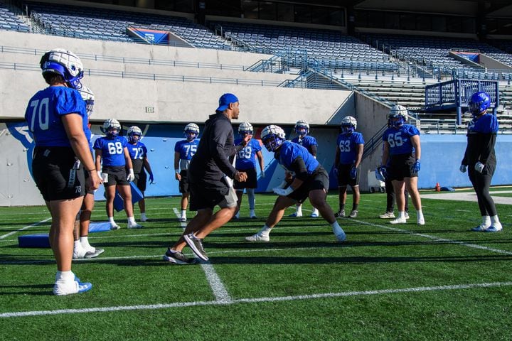 Georgia State holds spring football practice, the first under coach Dell McGee, at Center Parc Credit Union Stadium on Tuesday, March 19, 2024. (Jamie Spaar for the Atlanta Journal Constitution)