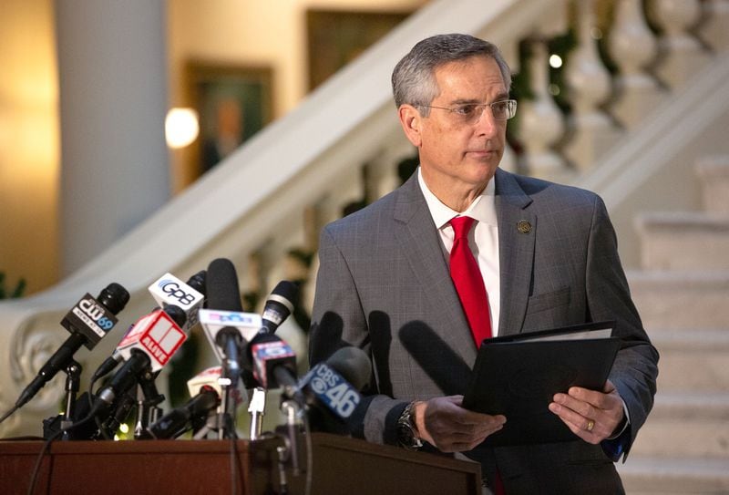 Georgia Secretary of State Brad Raffensperger talks at a press conference at the State Capital Monday, November 7, 2020.  (Steve Schaeffer for The Atlanta Journal-Constitution)