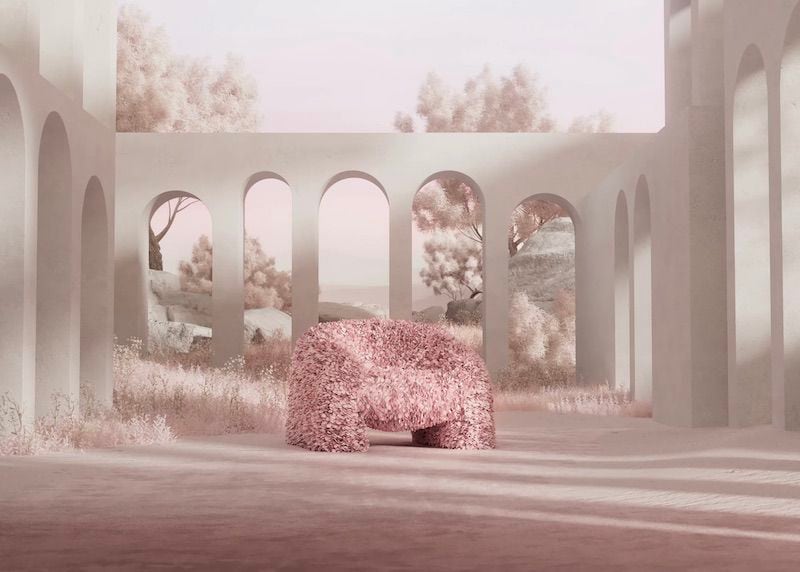 The Hortensia Lounge Chair, seen here in branding artwork for MODA's exhibit "Please Be Seated," is made of thousands of pink paper petals.