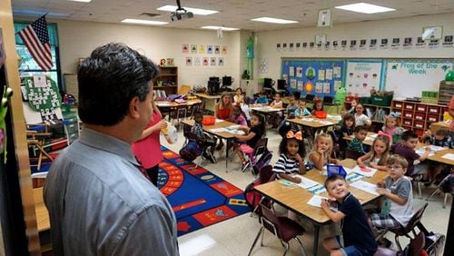 Liberty Elementary School Principal Doug Knott stops by to say hello to teacher Amy Manzella’s kindergarten class on the first day of the 2017-18 school year. CHEROKEE COUNTY SCHOOLS