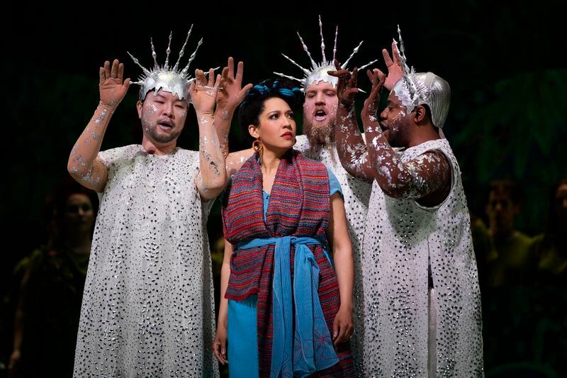 Julia Bullock, center, and castmates rehearse for the Metropolitan Opera's production of "El Nino," on Wednesday, April 17, 2024, in New York. "El Nino" opens April 23. (Photo by Charles Sykes/Invision/AP)