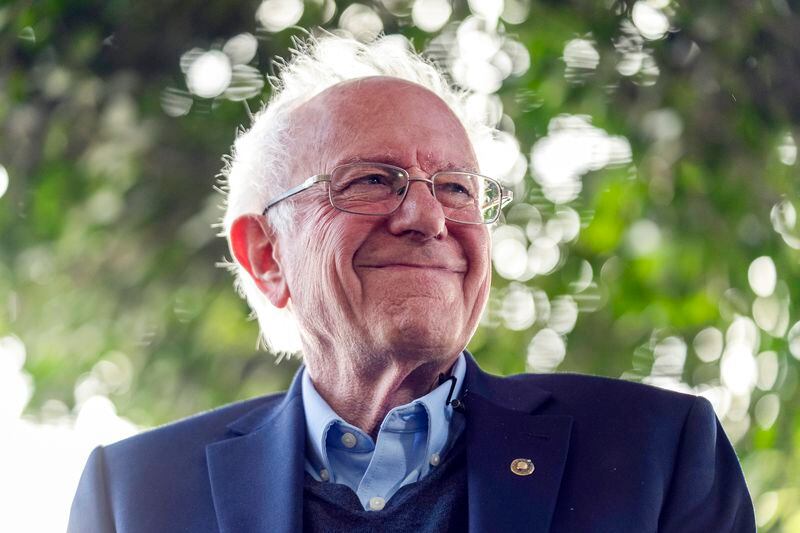 FILE - Sen. Bernie Sanders, I-Vt., smiles as he addresses Unite Here Local 11 workers holding a rally, April 5, 2024, in Los Angeles. Sanders is running for re-election. The 82-year-old, from Vermont, announced Monday, May 6, that he's seeking his fourth term in the U.S. Senate. (AP Photo/Damian Dovarganes, File)
