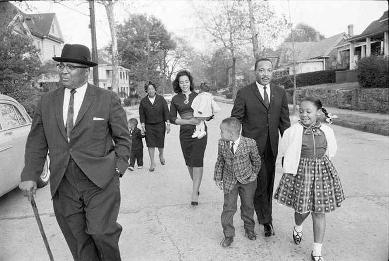 During the Civil Rights Movement, Coretta Scott King was known publicly as the Rev. Martin Luther King, Jr's wife, but those close the the Movement knew she was much more than that. In this photo from 1964, Coretta carries daughter Bernice, while taking a Sunday stroll in Atlanta with Martin Luther King, Jr., father-in-law Martin Luther King, Sr., son Dexter, sister-in-law Christine King Farris, son Martin Luther King III and daughter Yolanda. (Max Scheler Estate, Hamburg Germany)