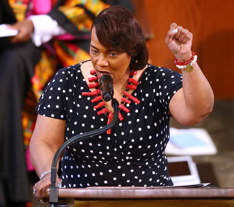 062320 Atlanta: Rev. Dr. Bernice King makes a fist saying â no justice no peaceâ while speaking at Rayshard Brooks funeral in Ebenezer Baptist Church on Tuesday, June 23, 2020 in Atlanta. Brooks, 27, died June 12 after being shot by an officer in a Wendyâs parking lot. Brooksâ death sparked protests in Atlanta and around the country. The Rev. Raphael G. Warnock, senior pastor of Ebenezer, said âRayshard Brooks wasnât just running from the police. He was running from a system that makes slaves out of people. A system that doesnât give ordinary people whoâve made mistakes a second chance, a real shot at redemption.â   Curtis Compton ccompton@ajc.com