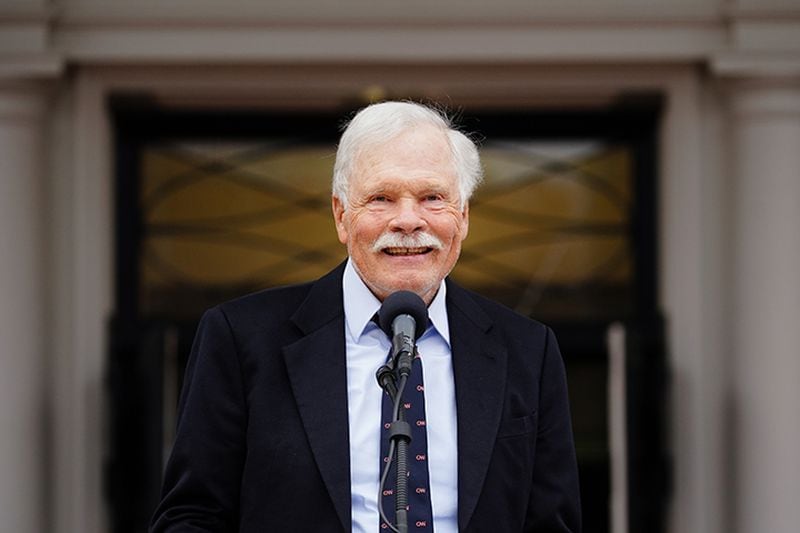 Ted Turner speaks at a ceremony where an AT&T WarnerMedia building was dedicated to him on December 6 in Atlanta.