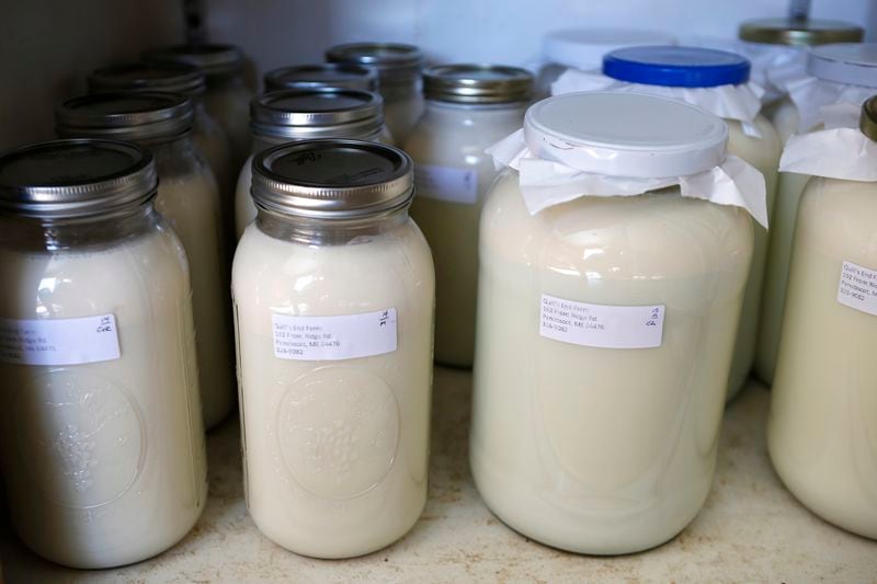 In this Friday, April 15, 2016 photo, raw milk is for sale in Penobscot, Maine. (AP Photo/Robert F. Bukaty)