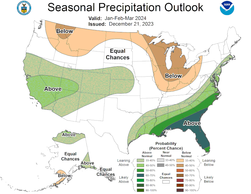 A new forecast issued by the National Oceanic and Atmospheric Administration on Dec. 21, 2023 predicts Georgia will be wetter than usual to start the New Year.