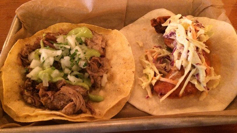 Types of tacos at Lean Draft House include carnitas (left) and the Nashville hot chicken (right). CONTRIBUTED BY WENDELL BROCK