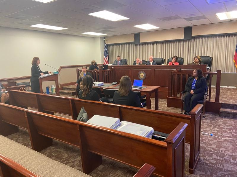 Monet Brewerton-Palmer, Virgil Presnell's attorney, addresses the five-member State Board of Pardons and Paroles on Monday morning during her client's clemency hearing.