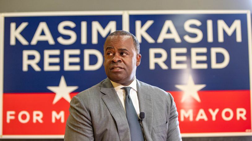 Former mayor Kasim Reed sits down for an interview at his campaign headquarters after accepting an endorsement from the International Association of Fire Fighters Local 134 last Thursday, Oct. 7, 2021. (Jenni Girtman for The Atlanta Journal-Constitution)