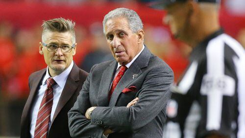 091415 ATLANTA: Falcons owner Arthur Blank and General Manager Thomas Dimitroff look on as the Falcons prepare to play the Eagles on Monday Night Football on Monday, Sept. 14, 2015, in Atlanta. Curtis Compton / ccompton@ajc.com