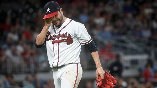 Atlanta Braves starting pitcher Jaime Garcia comes off the field after being relieved during the eighth inning after putting two Philadelphia Phillies on base Tuesday, June 6, 2017, in Atlanta. Philadelphia won 3-1.