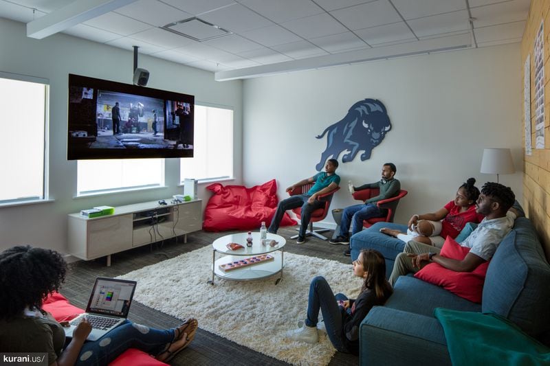 The Howard West Campus media room, designed by Atlanta-based architecture firm, Kurani. at The campus is at Google headquarters in Mountain View, California.