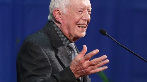 September 14, 2016 ATLANTA: President Jimmy Carter, who just had his three month MRI and a clean bill of health, shares a laugh as he conducts his annual Town Hall with Emory University freshmen at the Woodruff P.E. Center on Wednesday, Sept. 14, 2016, in Atlanta. The former president, who'll turn 92 in two weeks, answers just about anything the students want to know during a Q & A session. Carter jokingly told students they may want to abstain from the election, but then recommended voting Democratic. Curtis Compton /ccompton@ajc.com