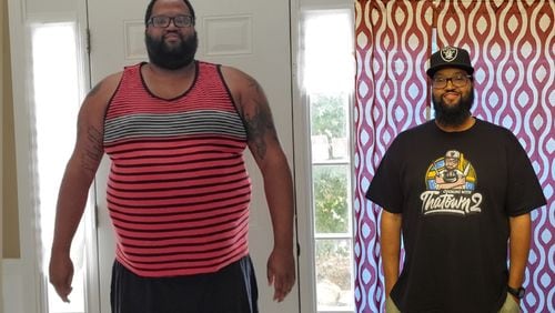 In the photo on the left, taken in September 2019, Seanta Johnson weighed 421 pounds. In the photo on the right, taken this month, he weighed 286 pounds. (Courtesy of Seanta Johnson)