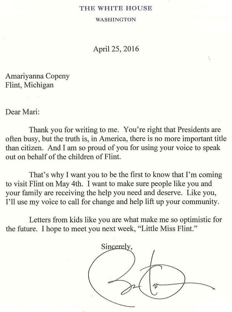 President Barack Obama responded to a letter written by 8-year-old Mari Copeny in 2016 regarding the water crisis in Flint, Mich. The two met in Flint a week later.