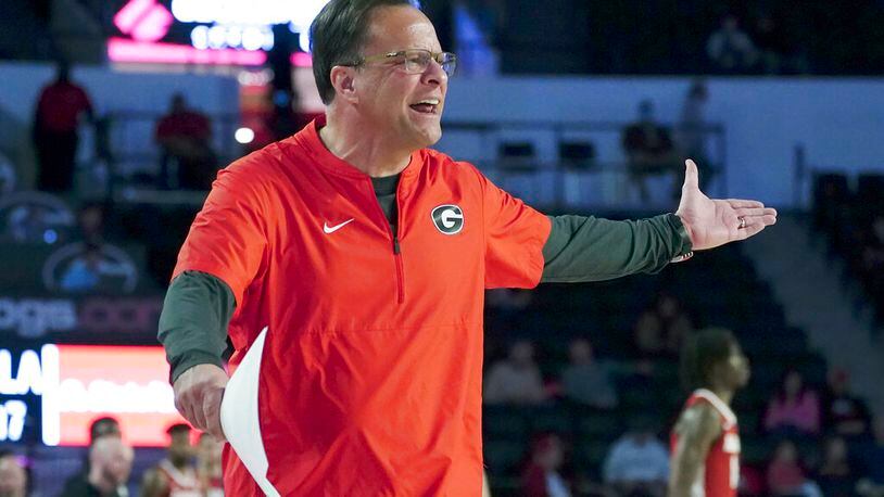 Georgia head coach Tom Crean reacts in the first half of an NCAA college basketball game against the Alabama, Tuesday, Jan. 25, 2022, in Athens, Ga. (AP Photo/John Bazemore)