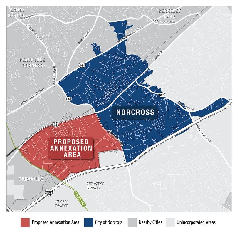 Norcross is renewing discussions to annex nearly three miles of unincorporated Gwinnett County land between Jimmy Carter Boulevard and the DeKalb County line into its city limits. The move would add nearly 6,000 residents and hundreds of businesses into the city. (Courtesy City of Norcross)